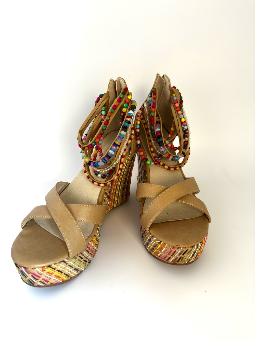 Getmorebeauty bohemian platform wedge tan sandal with bead ankle detail Sz 8.5